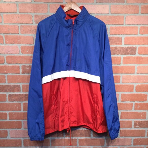 Vintage Woolrich Mens Red Blue Nylon Windbreaker Jacket Hidden Hood Size L - Picture 2 of 11